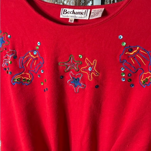 VTG Bechamel Red Embroidered Tie Blouse - Picture 4 of 6